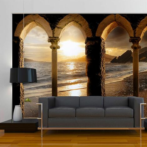 Papier peint château sur la plage - Bleu, noir, orange