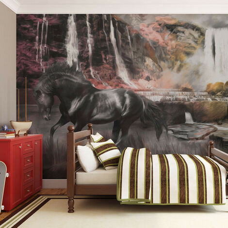 Papier peint Cheval noir et cascade - Taille L 200 x H 154 cm