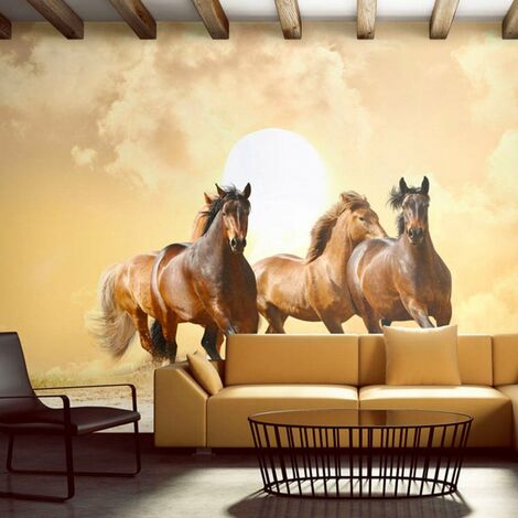 Papier peint chevaux au galop - 300 x 230 cm - Beige et Bronze