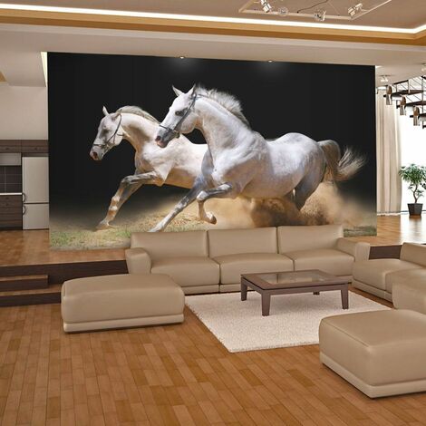 Papier peint chevaux au galop sur du sable - 250 x 193 cm - Beige et Blanc