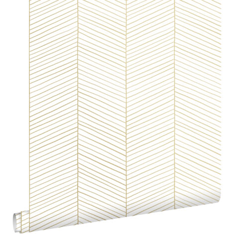 Papier peint chevron blanc et or 53cm x 10,05m – Intissé écologique – Raccord sauté – Facile à poser et décoller – Estahome