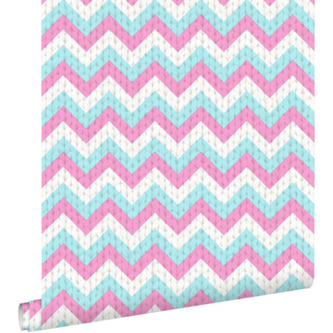 papier peint chevrons turquoise et rose  - ESTAhome