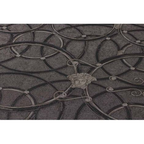 Papier peint chic gris anthracite & argent pour salon Tapisserie couleur foncée motif Médusa Papiers peints rond argentés