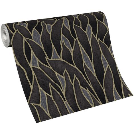 Papier peint chic motif feuille anthracite & or | Tapisserie feuille élégante chambre adulte | Papier peint intissé feuille couloir & entrée