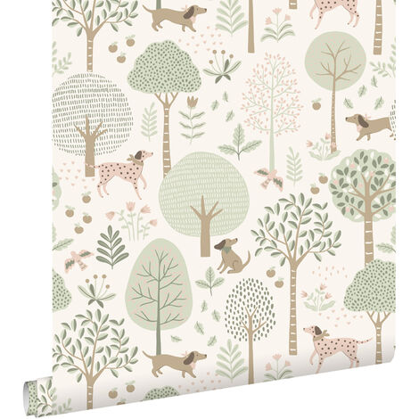 papier peint chiens vert menthe grisé et blanc  - ESTAhome