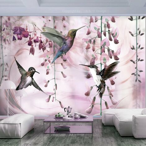Papier peint colibris volants rose