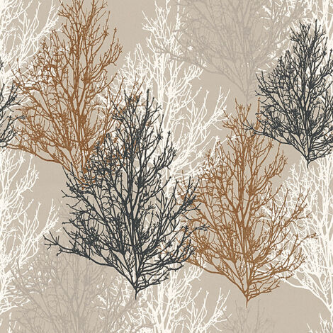 Papier peint coloré arbre | Tapisserie cuisine motif arbre marron blanc crème et noir | Papier peint idéal salon & entrée - 10,05 x 0,53 m