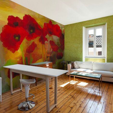 Papier peint coquelicots aux tons chauds