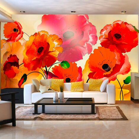 Papier peint coquelicots de velours - 450 x 280 cm - Rouge et Gris
