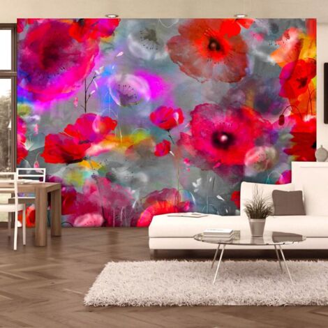 Papier peint coquelicots peints - Rouge, multicolore, gris