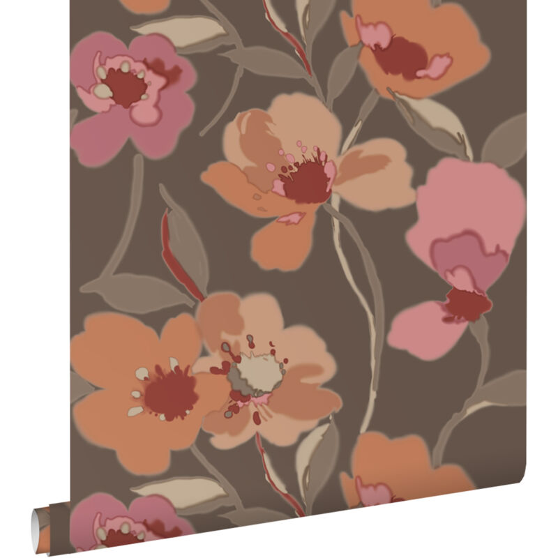 Papier peint fleurs terracotta et vieux rose Estahome