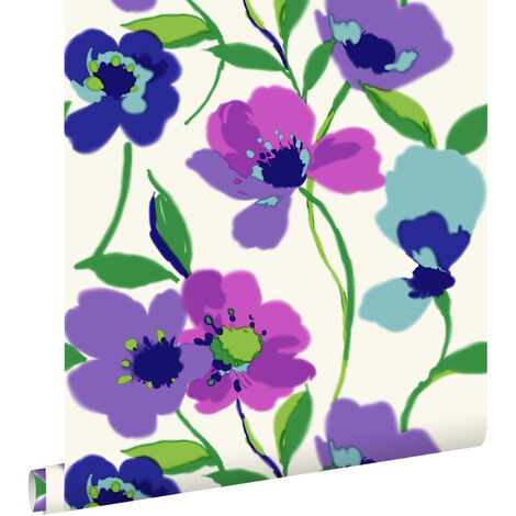 papier peint coquelicots violet et turquoise  - ESTAhome