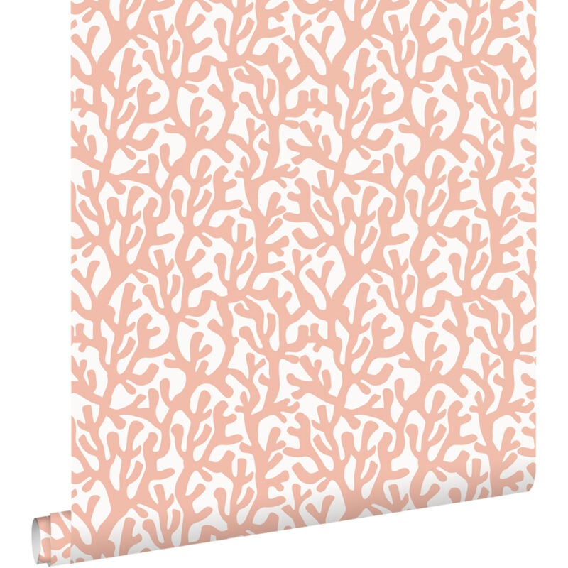 Papier peint corail rose terracotta et blanc Estahome