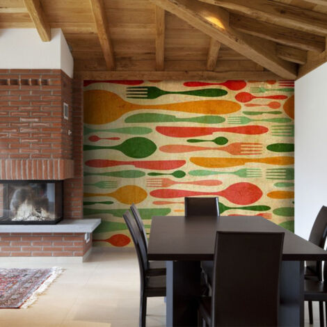 Papier Peint "Couverts en Vert & Orange" 154 x 200 cm