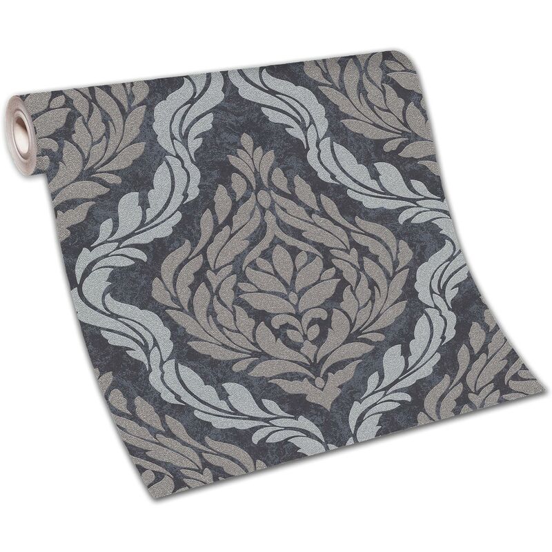 Papier peint damassé baroque noir & gris irisé chambre adulte | Tapisserie baroque noire salon & chambre | Papier peint intissé baroque