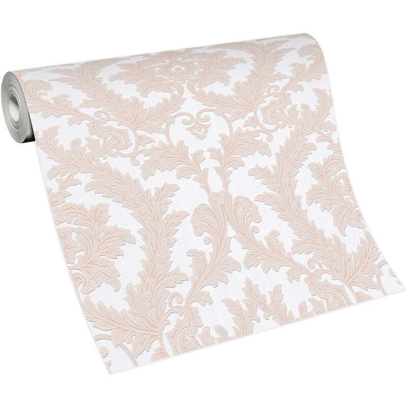 Papier peint damassé rose & blanc élégant | Tapisserie baroque chic rose & blanche | Papier peint intissé chambre & salle à manger