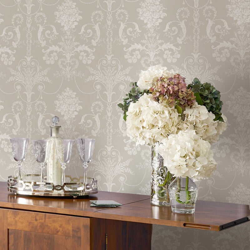 Papier peint intissé Laura Ashley Josette White & Dove Grey 1005 x 52cm Taupe poudrée/blanc