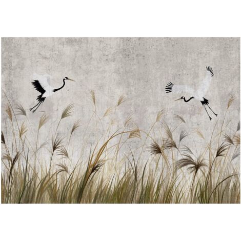 Papier peint décoratif avec des grues colorées, des oiseaux et de l'herbe de pampa – 150 x 105 cm Wallarena