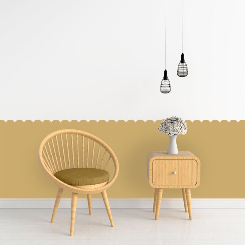 Papier peint découpé préencollé, soubassement, festonné moutarde, festons, uni, raccordable, 83 cm x 195 cm