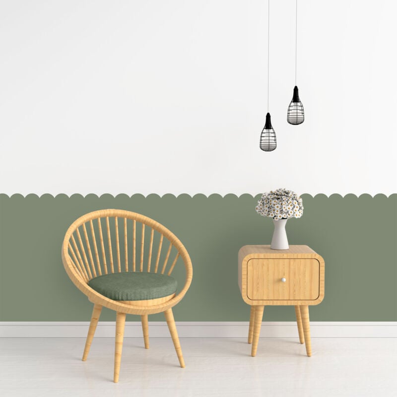 Papier peint découpé préencollé, soubassement, festonné vert foncé, festons, uni, raccordable, 83 cm x 195 cm