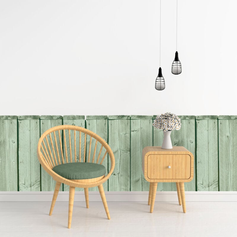 Papier peint découpé préencollé, soubassement, imitation bois, planches de bois, vert, raccordable, 83 cm x 195 cm