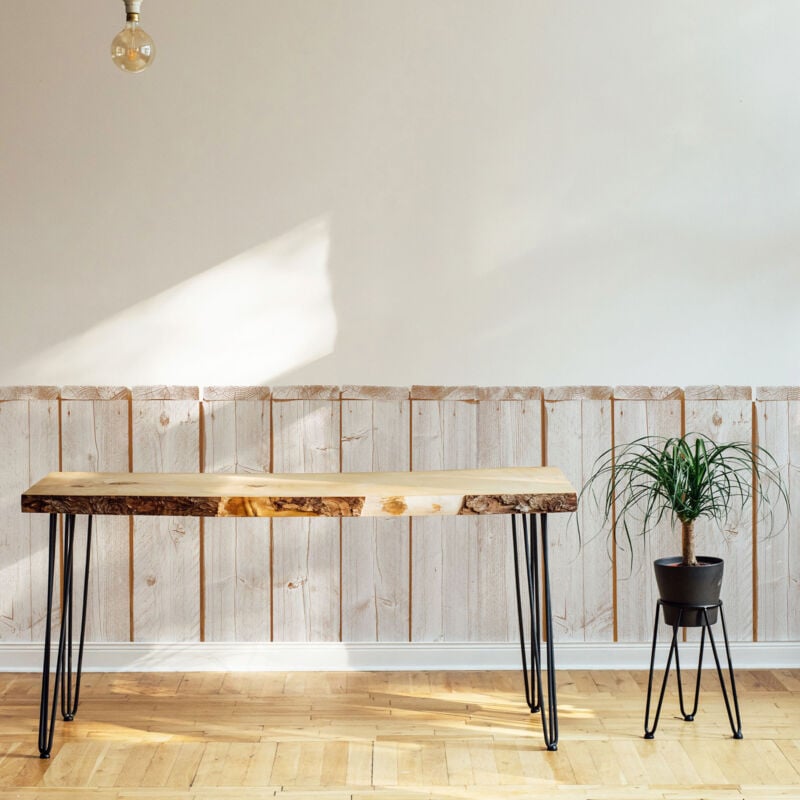 Papier peint découpé préencollé, soubassement, planches de bois blanc, imitation bois bouleau, raccordable, 83 cm x 195 cm