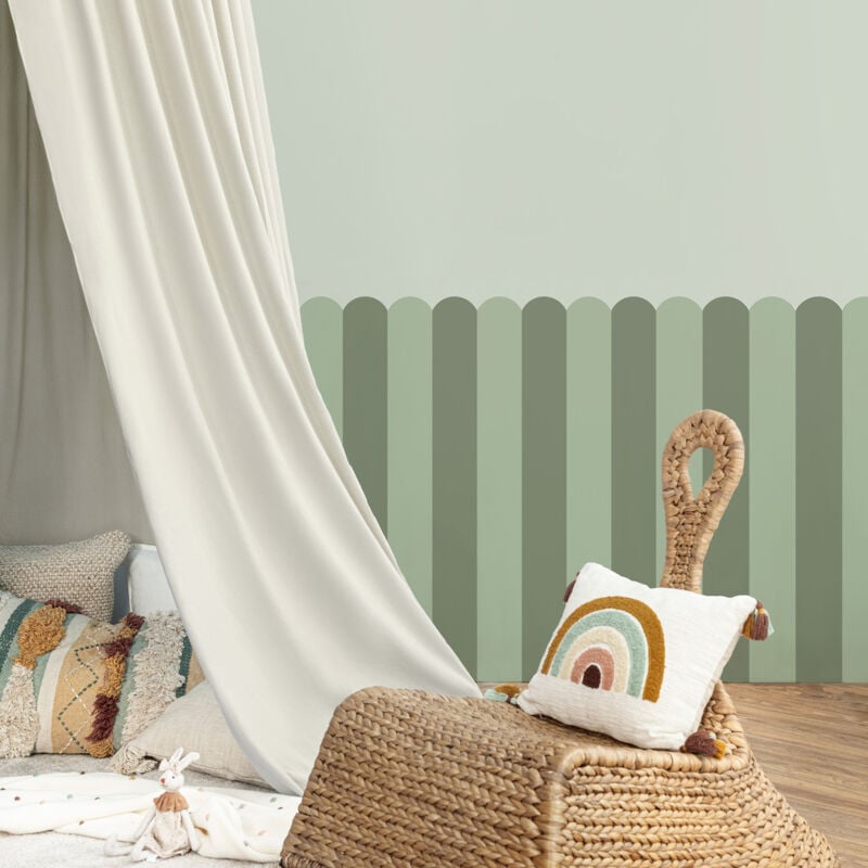 Papier peint découpé préencollé, soubassement, festonné, rayures, vert olive, festons, raccordable, 83 cm x 195 cm