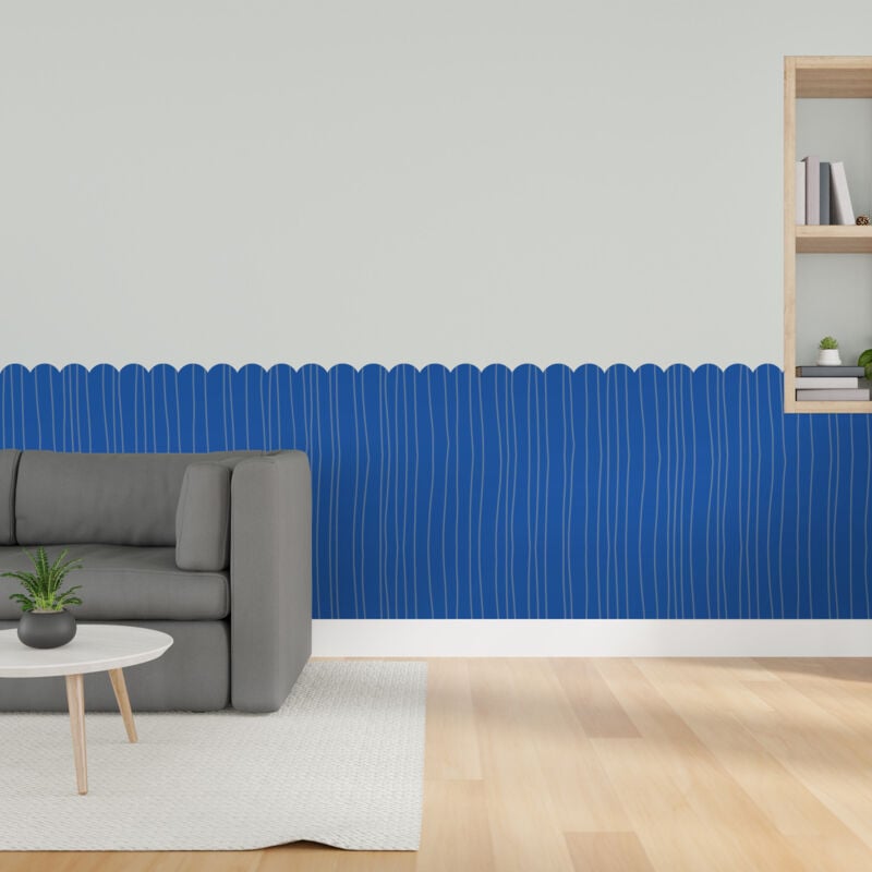 Papier peint découpé préencollé, soubassement, festonné, bleu électrique, traits dessinés, raccordable, 83 cm x 195 cm