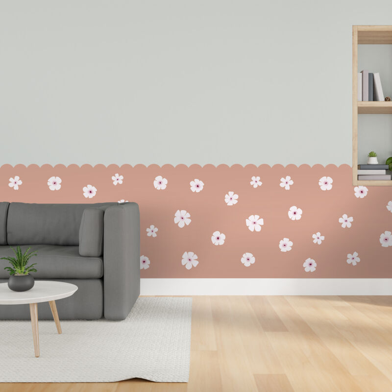 Papier peint découpé préencollé, soubassement, festonné, fleuri, rose, festons, fleurs, raccordable, 83 cm x 195 cm