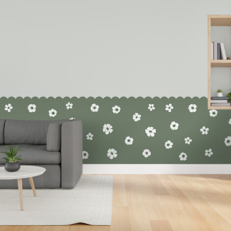 Papier peint découpé préencollé, soubassement, festonné, fleuri, vert olive, fleurs, raccordable, 83 cm X 195 cm