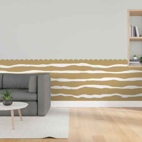 Papier peint découpé préencollé, soubassement, festonné, jaune moutarde, vagues, raccordable, 83 cm X 195 cm