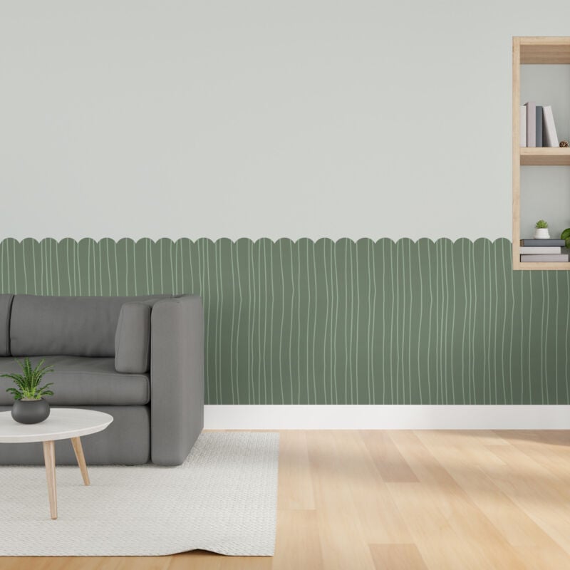 Papier peint découpé préencollé, soubassement, festonné, vert olive, traits dessinés, raccordable, 83 cm x 195 cm