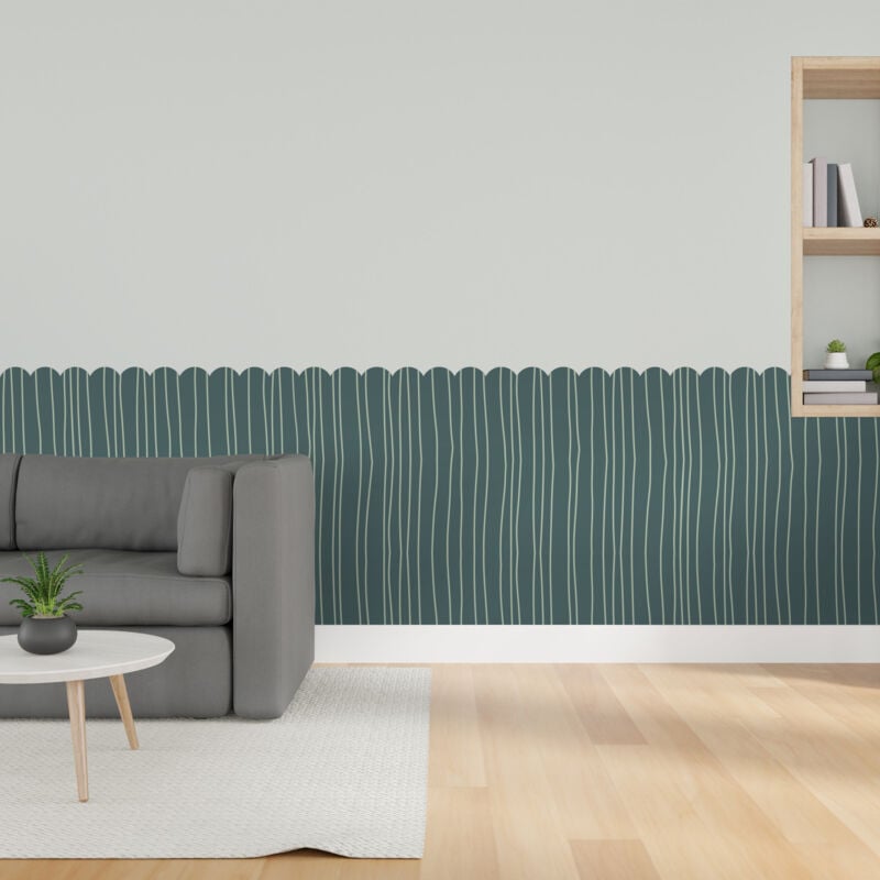 Papier peint découpé préencollé, soubassement, festonné, vert, traits dessinés, raccordable, 83 cm x 195 cm