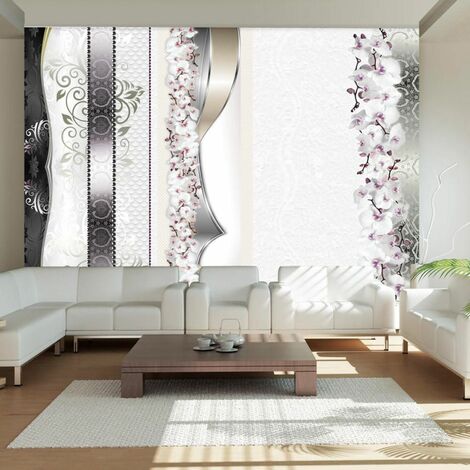 Papier peint défilé d'orchidées - Rouge, blanc, gris, beige