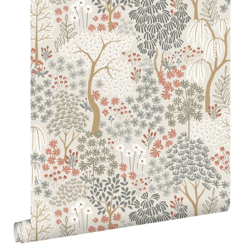 papier peint des arbres et des fleurs vert grisé et terracotta - ESTAhome