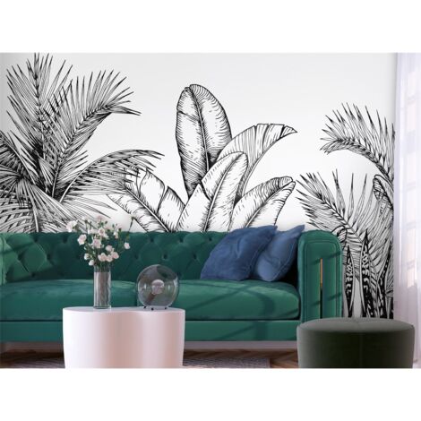 Papier peint dessiné tropical noir et blanc - Élégance végétale - 350 x 245 cm