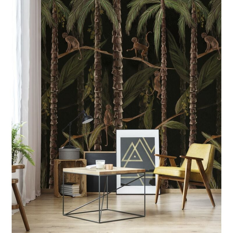 Papier peint panoramique Monkey Jungle 200 x 280cm Vert, Marron