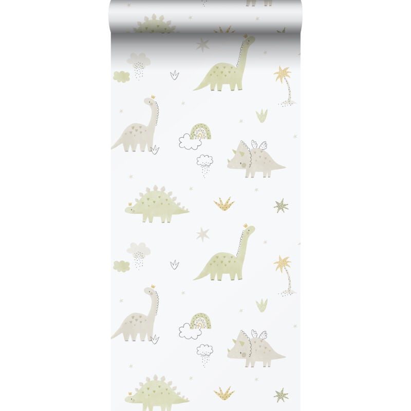 Sanders&sanders - papier peint dinosaures beige, vert et blanc