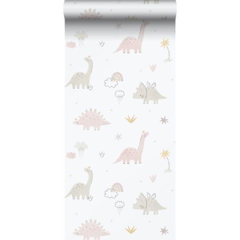 papier peint dinosaures rose clair, blanc et gris  - Sanders & Sanders