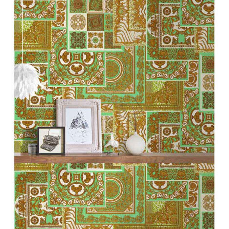 Papier peint doré original effet carreaux de ciment Tapisserie baroque motif géométrique vert & doré Papiers peints chambre adulte