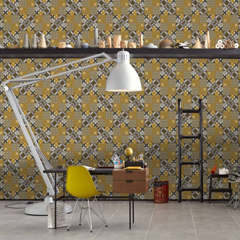 Papier peint - Effet mosaïque colorée Jaune moutarde 10mx 0.53 m