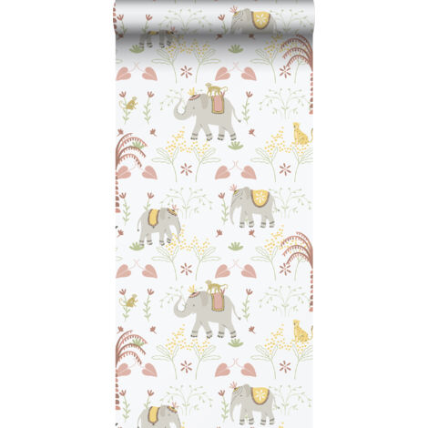 papier peint éléphants gris, rouge et blanc - Sanders & Sanders