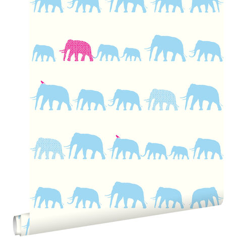 papier peint éléphants turquoise et rose  - ESTAhome