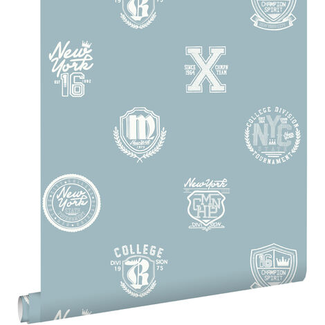 papier peint emblèmes scolaires vintage bleu clair  - ESTAhome