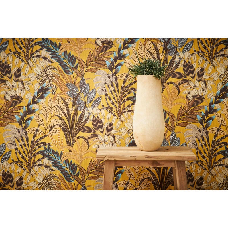 Papier peint feuilles tropicales fond moutarde Tapisserie feuilles Papier peint intissé et embossé Idéal pour chambre