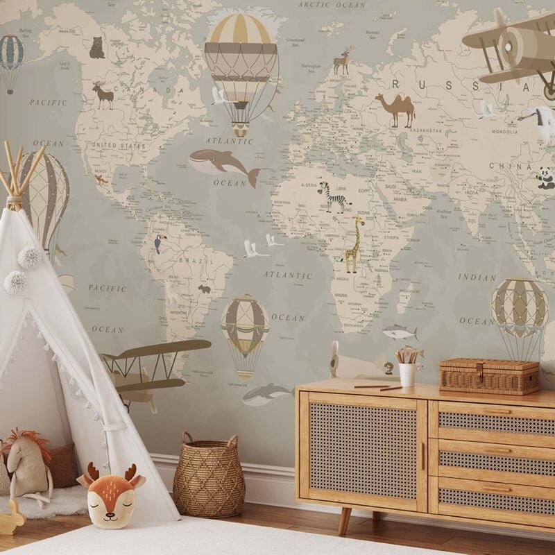 Papier peint enfant carte du monde et montgolfieres