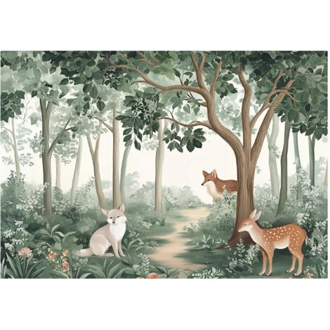 Papier peint enfant forêt animaux arbres chevreuils intissé 150x105 cm mural chambre enfant petit format
