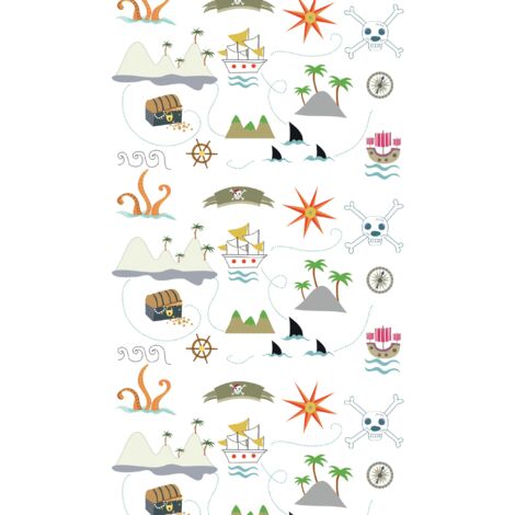 papier peint équipement de pirate multicolore, beige crème, gris, vert et orange  - Livingwalls