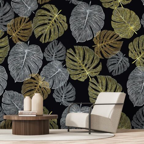 Papier peint et feuilles monstera sur fond noir papier peint