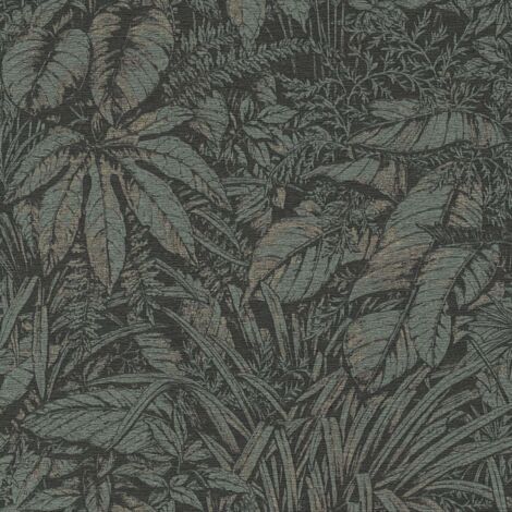 Papier peint exotique vert foncé, feuillage  B395604